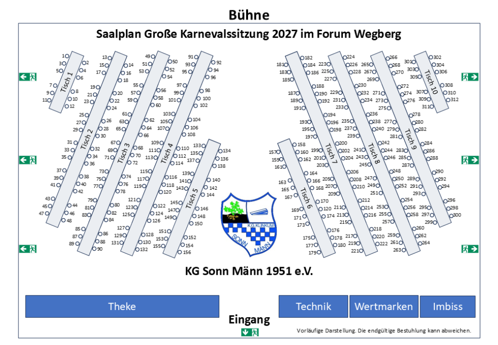 Saalplan Karnevalssitzung 2027 im Forum Wegberg